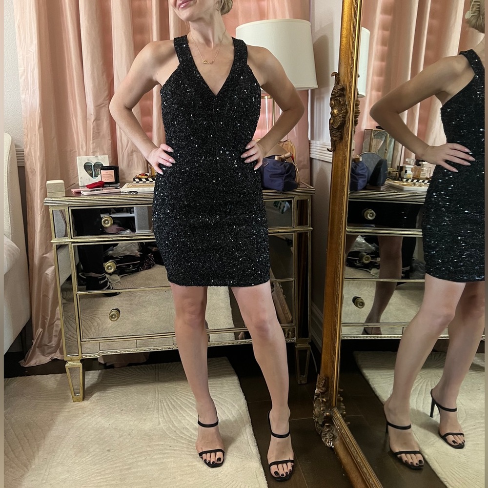 ALL SAINTS hand embellished black sequin cocktail dress